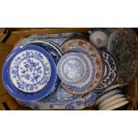 A box containing assorted ceramic items including blue and white meat plates, etc.
