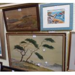 An oak framed vintage watercolour, depicting a coastal landscape - sold with a large gilt framed