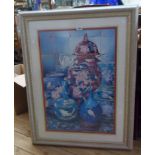 A large framed decorative coloured print still life with Oriental ceramics