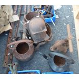 A quantity of metalwork including old screw top press, pots, etc.