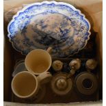 A box containing assorted ceramic items including blue and white plate, cruet set, etc.