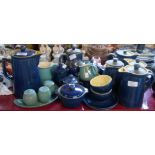 A quantity of Denby Stoneware in the green and blue colourways including hot water jugs, soup bowls,