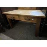 A 91cm vintage oak low table with two frieze drawers, set on square legs and casters