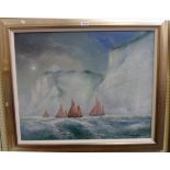 Roger Hann: a silvered framed modern oil on canvas, depicting sailing fishing boats and chalk cliffs