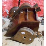 A wooden coal box - sold with two pairs of wooden bellows and a copper bed warming pan