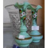 A pair of opaque green enamelled vases - sold with a cut glass bowl