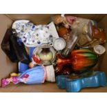 A box containing assorted ceramic items including figurines, vases, etc.