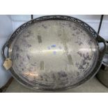 A 65cm old silver plated oval gallery tray with engraved decoration