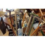 A selection of walking sticks and other items including horn handled dated 1888, old shooting stick,