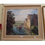 Dorothy Bradshaw: a painted wood and hessian framed vintage oil on board entitled Totnes with