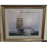 Roger Desoutter: a gilt framed large format coloured print, depicting sailing vessels and a rowing