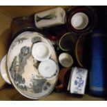 Two boxes containing a quantity of assorted ceramic items including old mortars, studio pottery