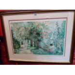 A large stained wood framed signed limited edition coloured print, depicting women in a garden -