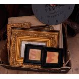 A small collection of mainly framed antique reprints and a battery wall timepiece