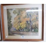 A framed watercolour, depicting a figure herding cattle - indistinctly signed - foxing