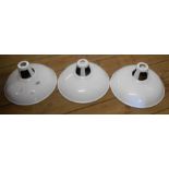 Three vintage white enamel industrial style pendant lampshades