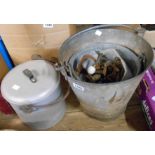 Two vintage galvanised buckets and an aluminium saucepan - sold with a quantity of brass weights and