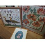 Ivy W. Davis: a framed silk painting floral study - signed - sold with two framed tapestry panels