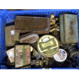 A crate containing a quantity of old door furniture, casters, etc. and a selection of old