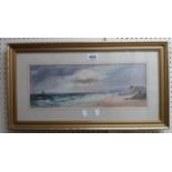 Two gilt framed coloured prints, one a seascape, the other a river landscape with watering cattle