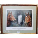 A framed signed limited edition coloured racehorse print entitled Festival Trio - numbered 53/500