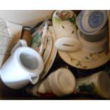 Two boxes containing a quantity of assorted ceramic items including a pair of Staffordshire figures,