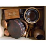 A box containing quantity of treen items including Russian brass inlaid box, lacquered box,