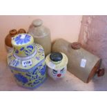 A selection of ceramic items including modern Chinese porcelain ginger jar, two stone hot water