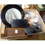 A box containing a quantity of collectable items including Irish bog oak items, napkin rings, boxes,