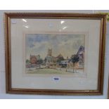 David Thomas: a gilt framed watercolour, depicting a village green with church in background -