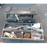 A wooden crate containing a quantity of fittings and ironmongery - sold with a wooden carry tray