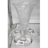 Three Orrefors crystal table form candle holders - sold with a large Thomas Webb cut crystal vase