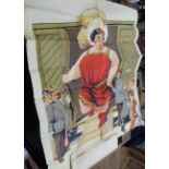 Two antique circus related coloured lithographic posters depicting an oversized lady alighting