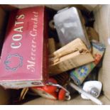 A box containing a quantity of assorted collectable items including antique rise and fall lamp