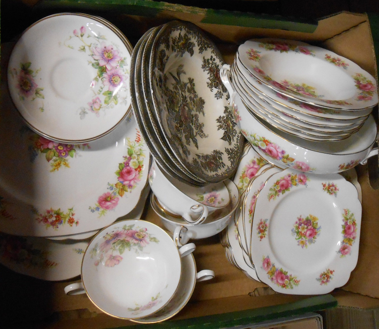 A box containing a quantity of assorted dinnerware including Royal Albert Chatsworth, Royal