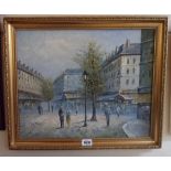 Caroline Burnett: a gilt framed 1950 oil on canvas, depicting a Parisian street scene - American