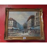 Caroline Burnett: a gilt framed 1950 oil on canvas of a Parisian street scene - American