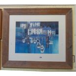 A framed limited edition coloured print, depicting an abstract harbour scene - signed and numbered