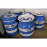 Four TG Green Cornishware storage jars comprising salt, tea, rice and oatmeal - sold with a later