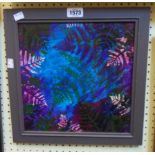 A framed modern oil on canvas board study of fern leaves in bright palette
