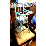 A vintage blue painted wood folding high chair for a doll
