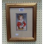 A small gilt framed modern watercolour, depicting a portrait of a child holding a white dog