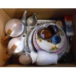 A box containing a quantity of ceramic and glass items including Doulton miniature character jug,