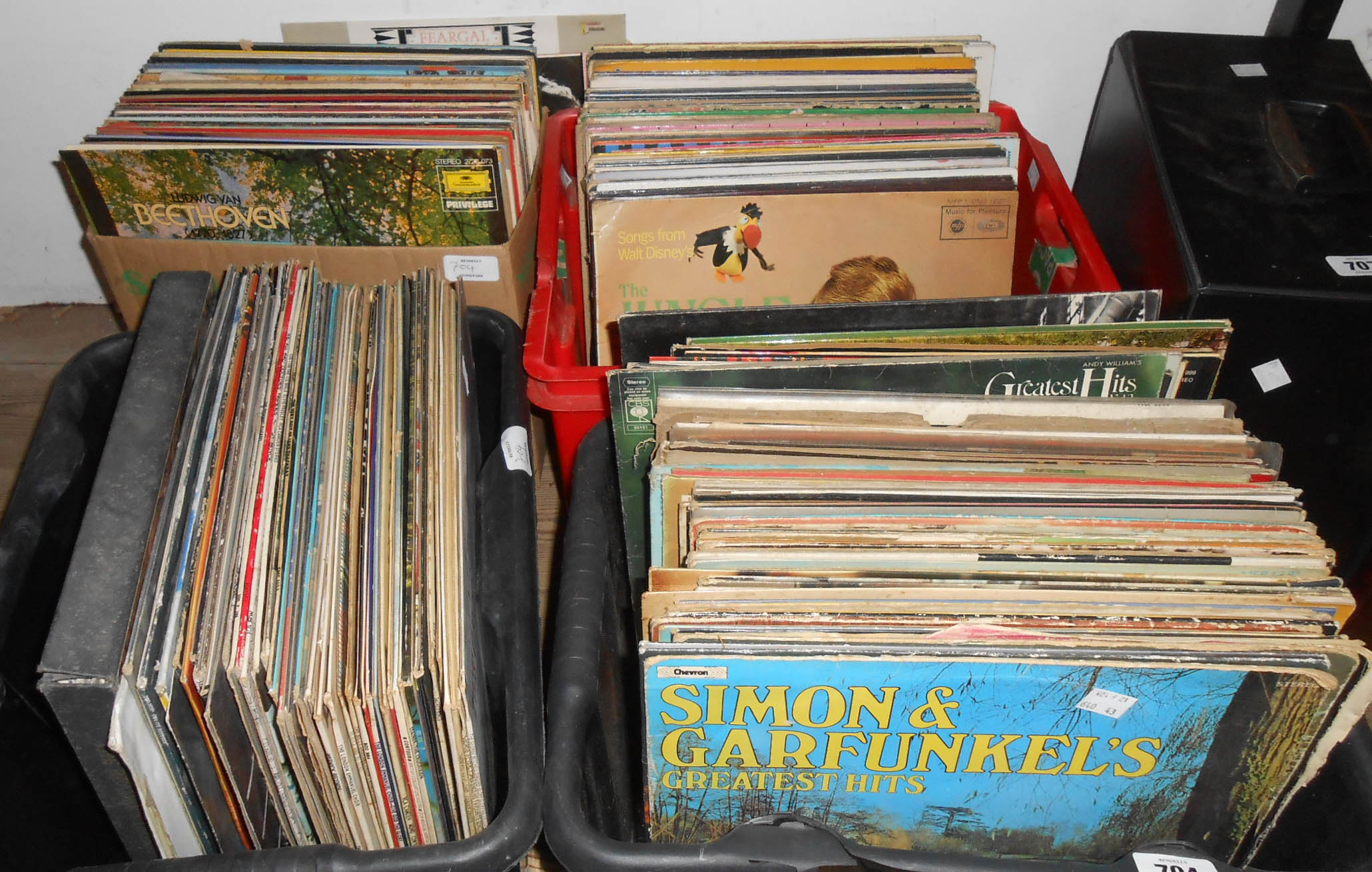 Four boxes of assorted easy listening and other records, etc.