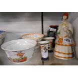 A small selection of assorted pottery items comprising Staffordshire figural lidded pot, chinoiserie