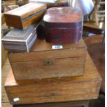 A quantity of wooden boxes including writing slope carcass, oak cutlery box, etc.