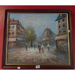 Caroline Burnett: a stained wood framed 1950 oil on canvas of a Parisian street scene - American