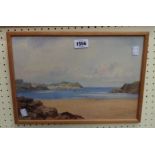 Louis Mortimer: a framed watercolour, depicting a Westcountry coastal scene with town beyond - 24.