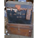 An old leather trunk containing a large quantity of leather material pieces - sold with a tin
