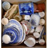 A box containing a quantity of ceramic items including blue and white, etc.